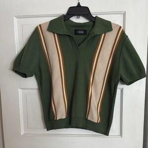 Retro Cider Olive Green Knit Polo with Cream & Camel Stripes